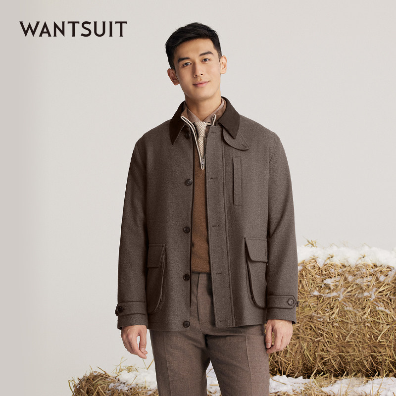 【羊绒拼接猎装】WANTSUIT棕色工装行政夹克巴恩风商务老钱卡哈特,男装,夹克,淘宝优惠券,粉丝福利购,淘宝优惠卷