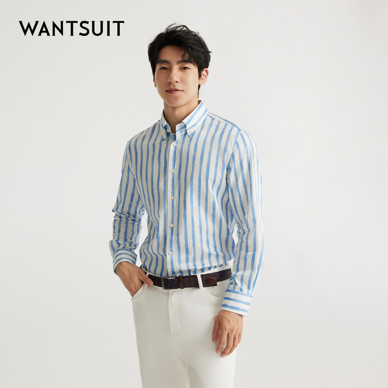 WANTSUIT蓝色宽条纹意式长袖衬衫