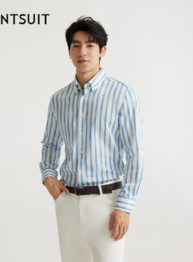 WANTSUIT商务蓝色条纹正装长袖人夫感衬衫上衣绅士智性秋冬男款正