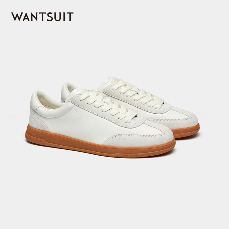 WANTSUIT米白色牛皮男休闲鞋