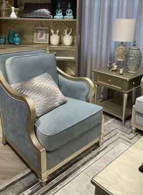 现代美rt式简HNJ约a蓝色实木沙发组人合客厅大户型轻奢单三人沙发