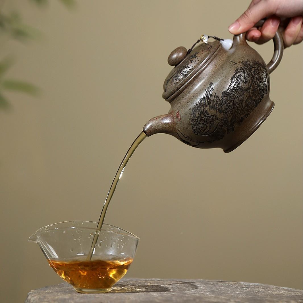 爆款大容量宜兴砂ZHIFU-21壶原矿高柴烧沉香温泥仙鹤掇茶具泡茶紫