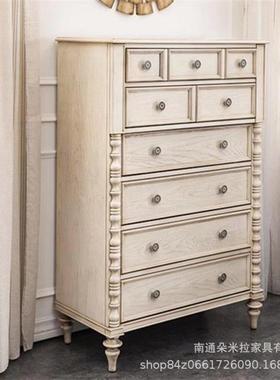美HES式实村高端乡雕花斗白色复古做旧九柜木橡木卧室收纳柜