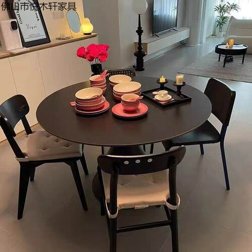 白哑光岩板圆黑形餐桌椅ncZ2Wcsf组合小油户型家用现代纯简约饭纯