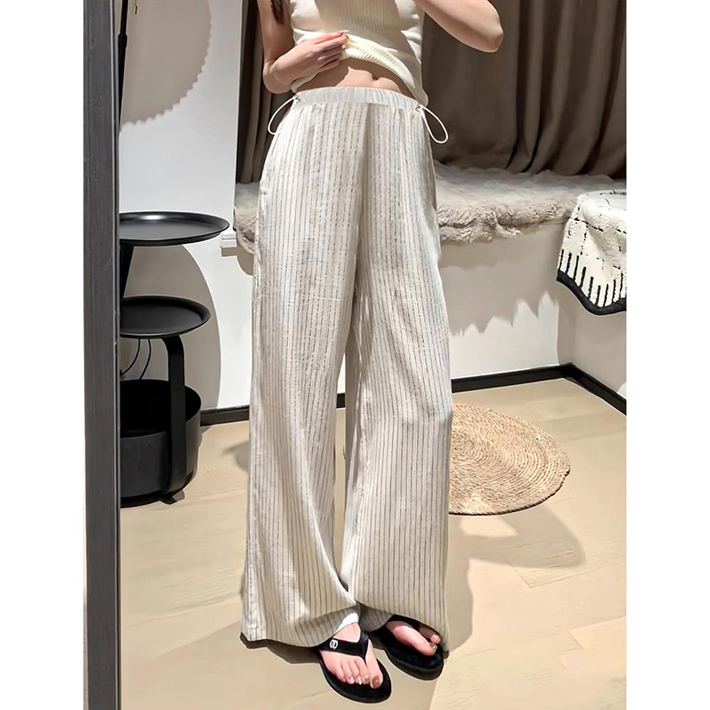 孕妇裤子夏季亚麻条纹宽裤薄款无托腹棉麻裤2025新款外穿内搭裤