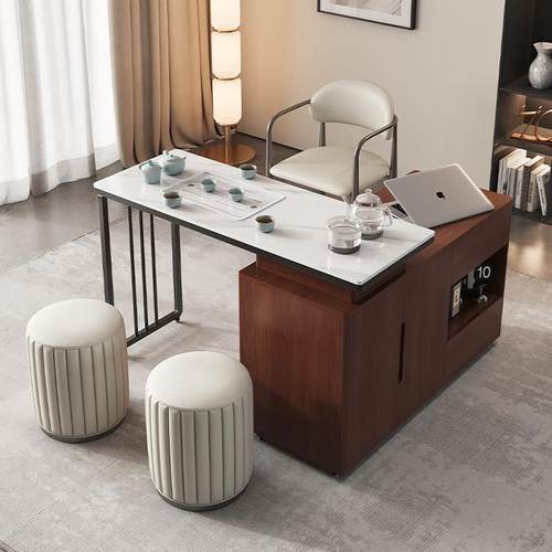 中古风阳台岩板茶桌家用实木小茶台小型移动旋转茶车泡茶桌边几柜