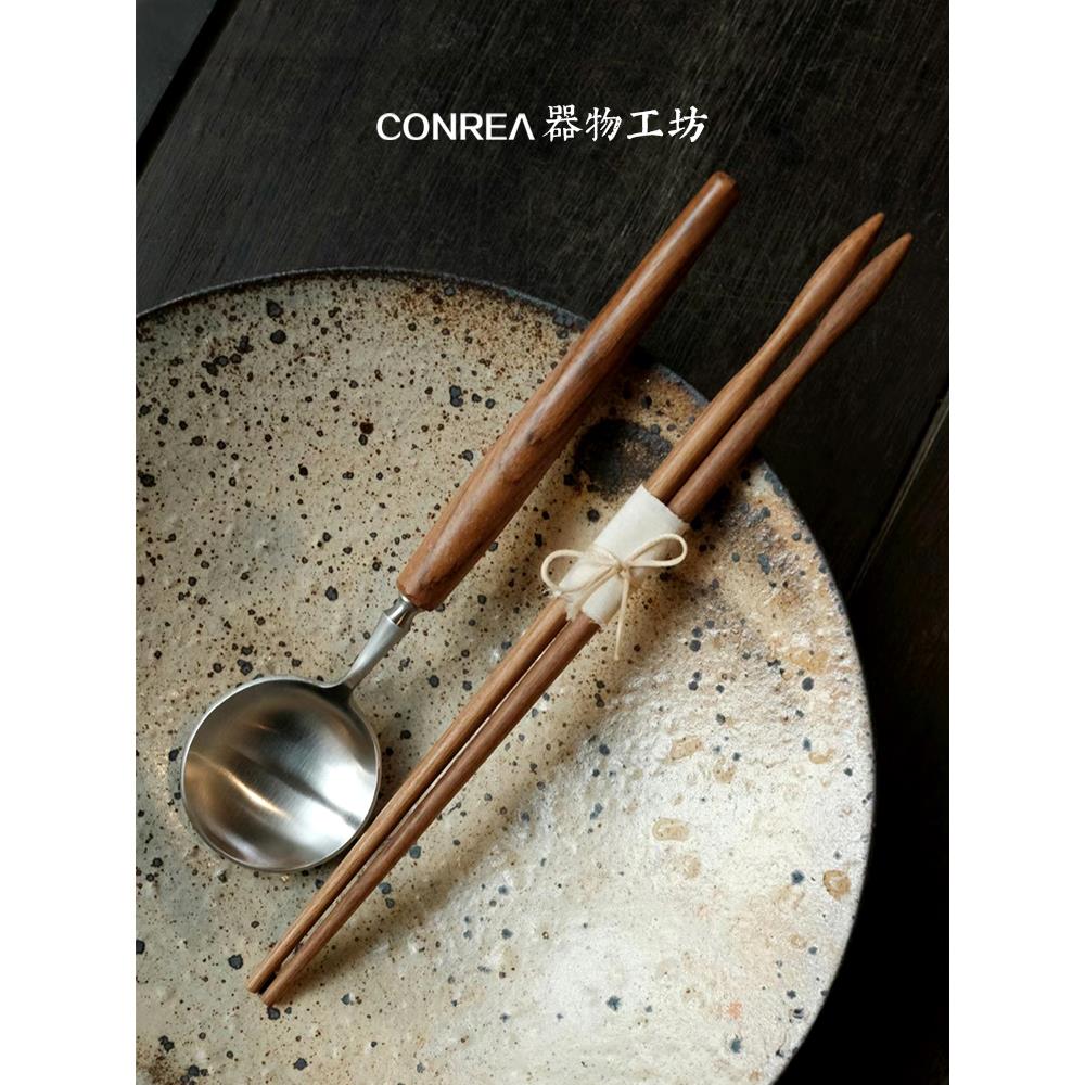 日式柚木手工筷子勺子餐具套装不锈钢一人家用高档新款便携单人装