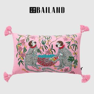 百澜家居YH054粉红色复古双面印花新中式 沙发客厅抱枕靠垫腰枕套