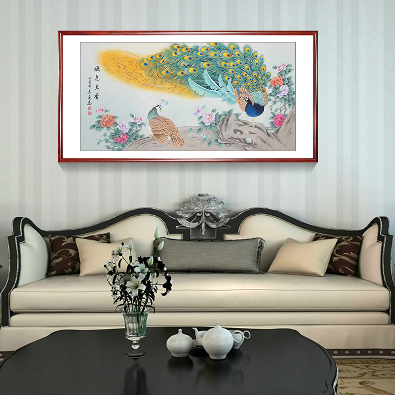 新中式装饰画沙发背景墙壁画横版单幅花开富贵孔雀牡丹花床头挂画图片