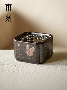 雕刻日式黑火粗陶暖茶炉底座粉彩蝴蝶酒炉围绕炉泡茶和泡茶炉