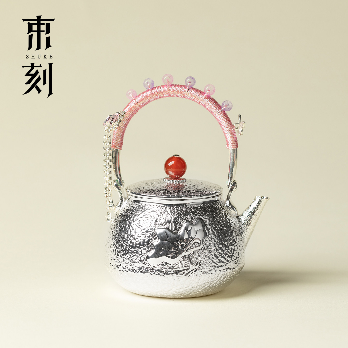 束刻精致装饰链编织女性茶具提梁壶银包铜茶壶手工锤纹荷花烧水壶
