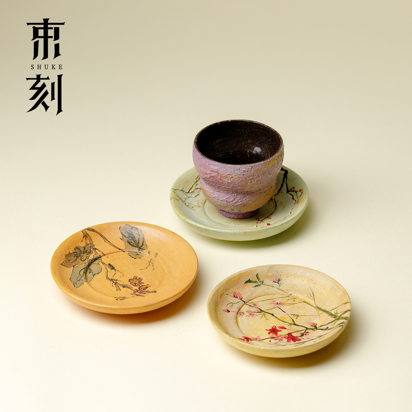 山几由大漆莳绘油画风茶杯垫杯托景德镇手工陶瓷防烫隔热茶道配件