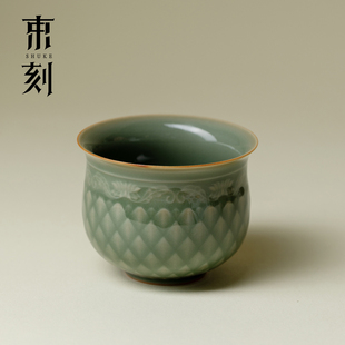 束刻越窑青瓷主人杯高档半刀泥雕刻陶瓷茶杯禅意家用品茗杯个人杯