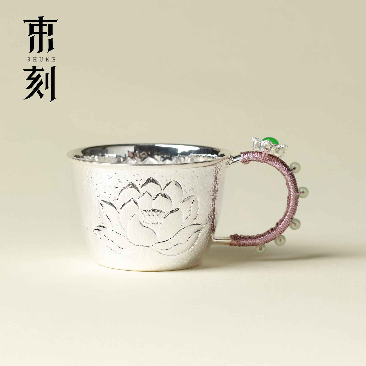 束刻手工锤纹莲花单耳茶杯银包铜功夫茶具主人杯轻奢女士单杯防烫