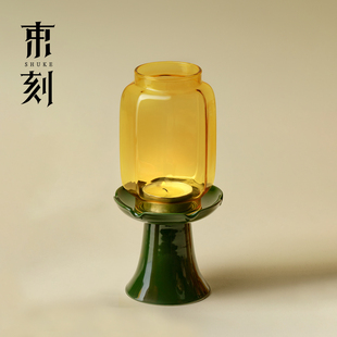 束刻 新中式菱花明清烛台禅意宋式灯台灯罩轻奢氛围灯陶瓷摆件