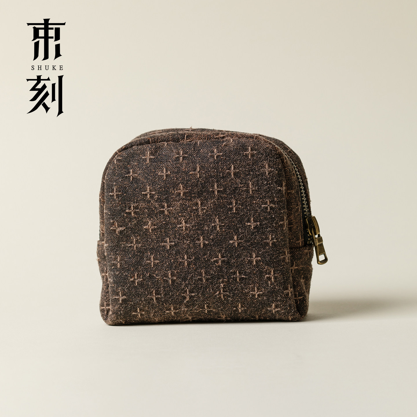 束刻老料香云纱十字纹女士拉链包复古便携手拎包化妆口口红包女包
