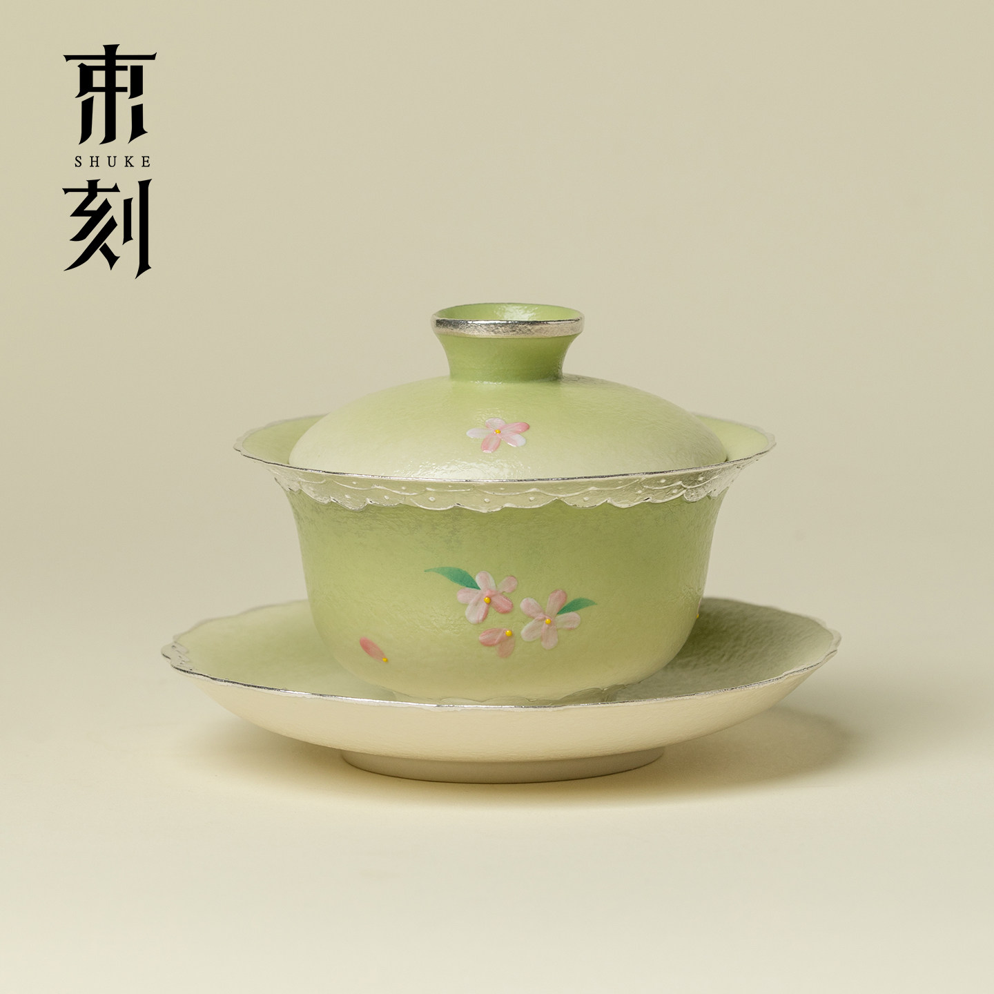 手工鎏银陶瓷三才盖碗精致