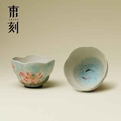 束刻 纯手绘鱼戏莲花主人杯精致女士功夫茶杯个人专用杯品茗杯