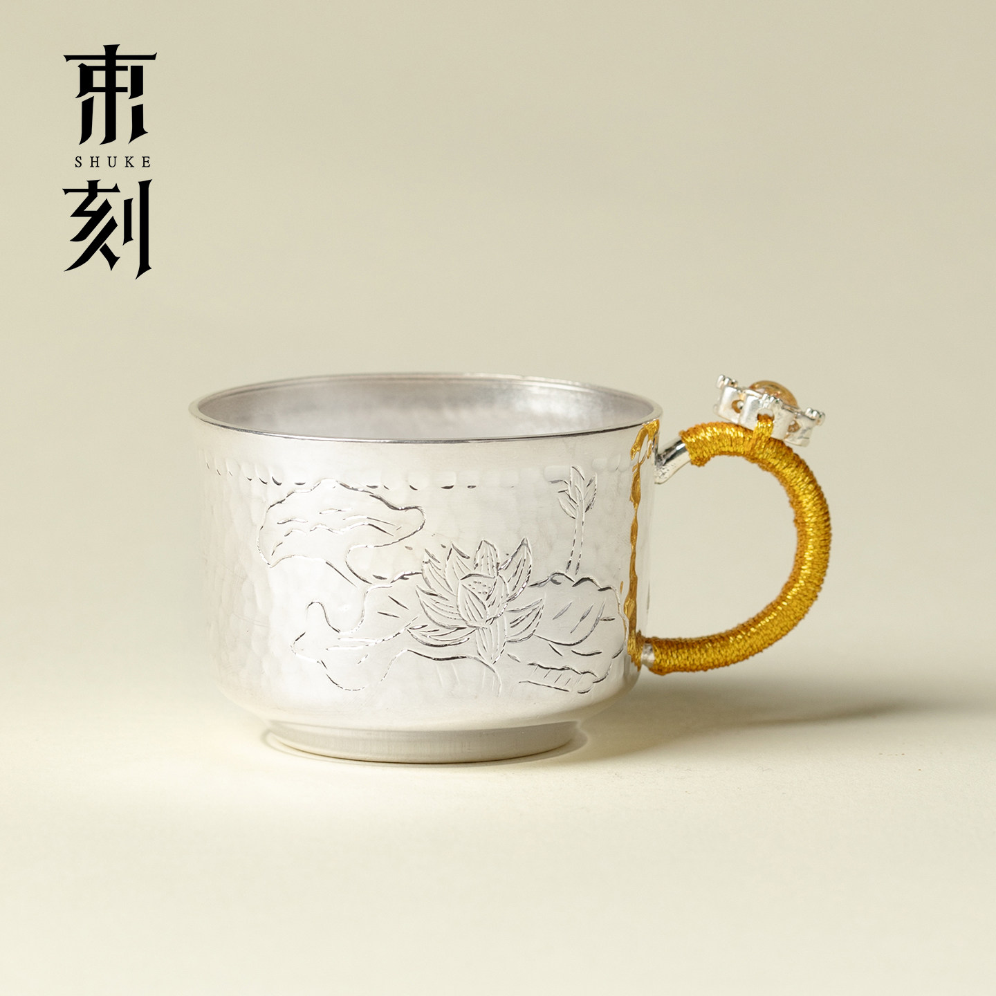 束刻手工篆刻荷风缠柄编织主人杯银包铜茶杯轻奢女士个人喝茶单杯