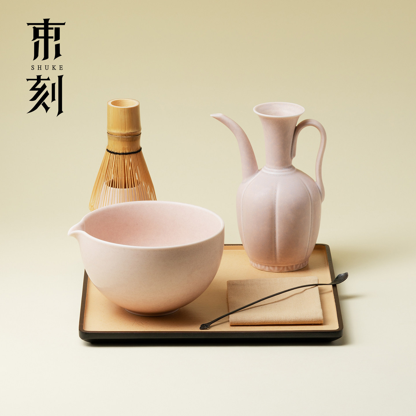 束刻日式窑变粉抹茶碗茶百立点茶工具带托盘日本抹茶刷抹茶碗套组