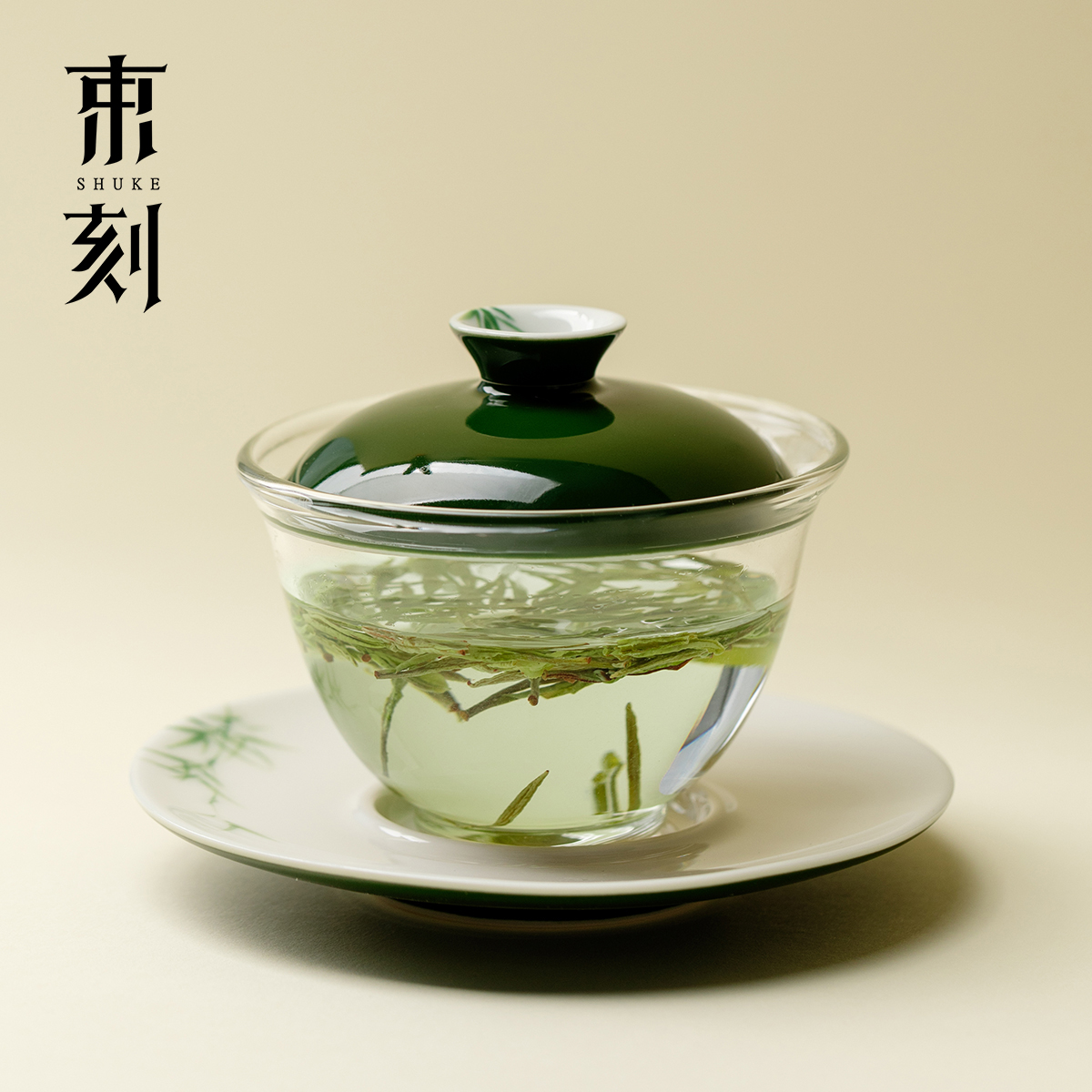 束刻 竹叶绿三才盖碗三件套礼盒装高端高硼硅玻璃茶具泡茶碗单个