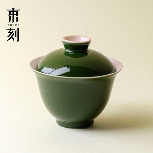 束刻 高端竹叶绿二才盖碗景德镇原矿单色釉墨绿泡茶碗薄胎敬茶碗