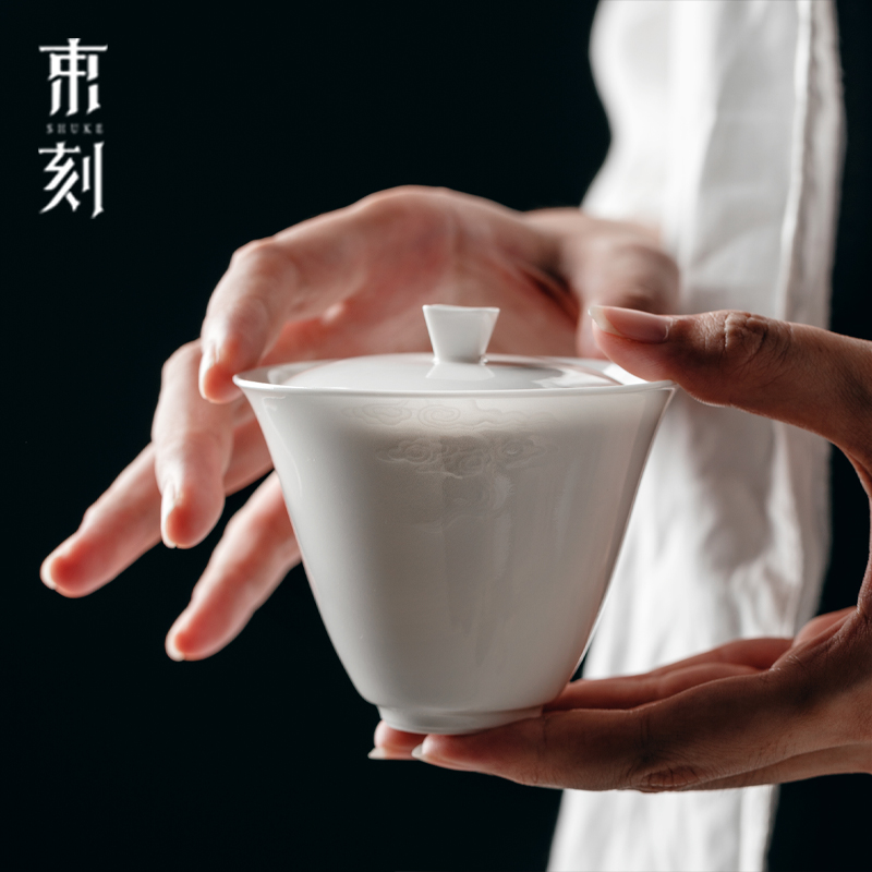 二才盖碗手工浮雕透明薄胎喝茶碗