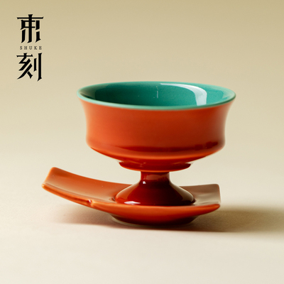 束刻故宫红高足主人杯杯托两件套高端故宫红盖碗茶杯个人杯品茗杯