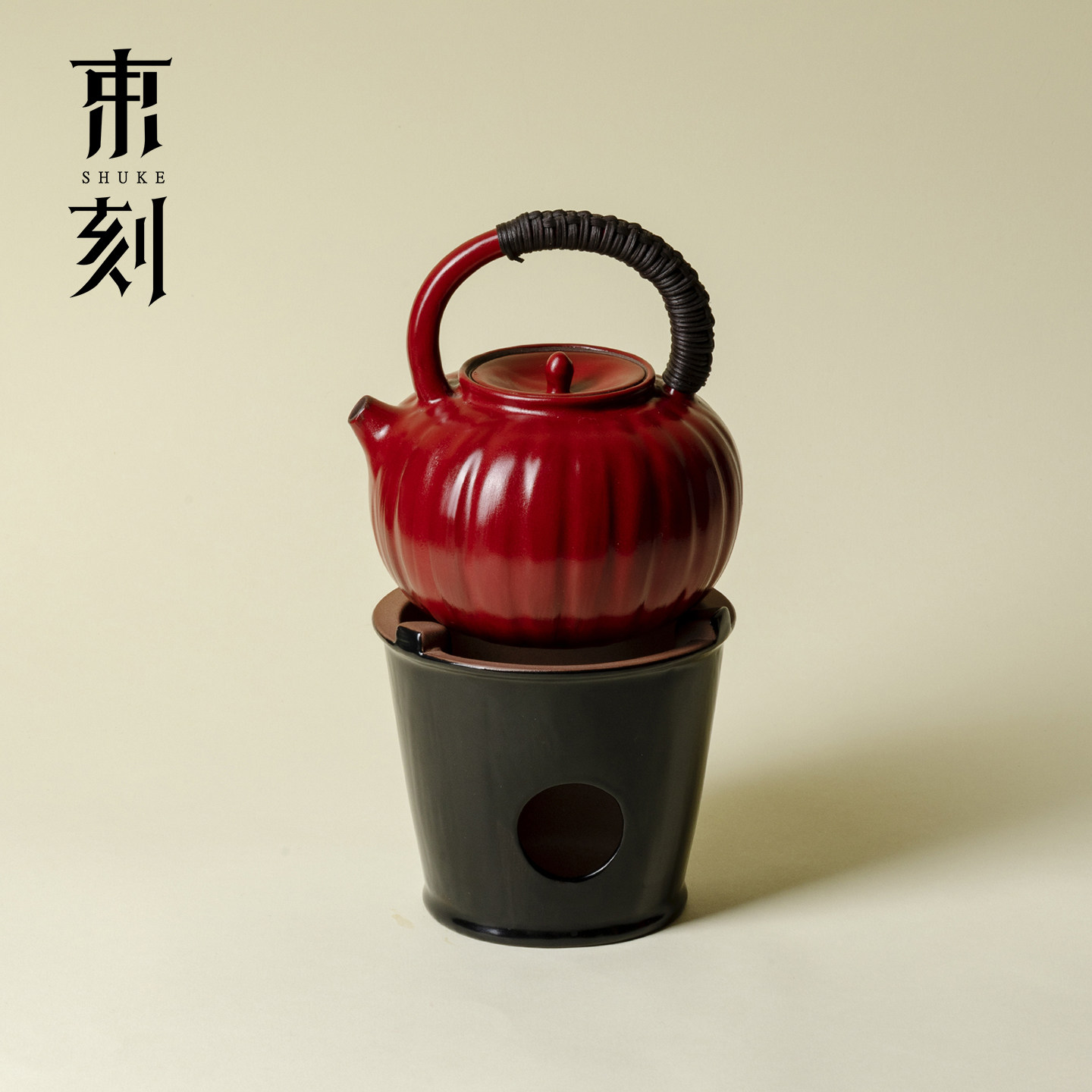 束刻大漆红南瓜提梁茶壶景德镇手工新中式高级酒精灯烧水壶提梁壶