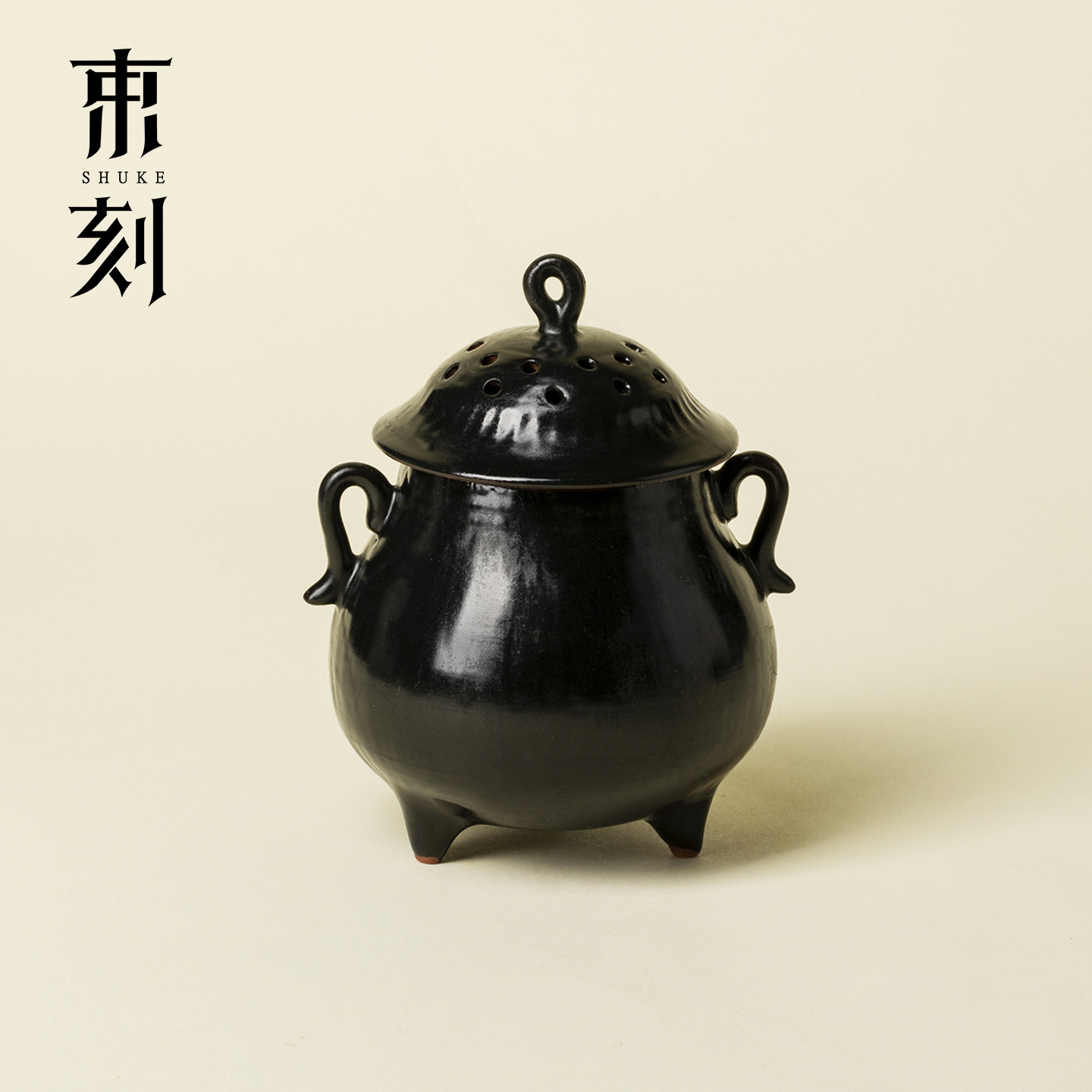 束刻粗陶诧寂黑空弦香炉复古陶艺家用室内沉香檀香香炉三足熏香炉