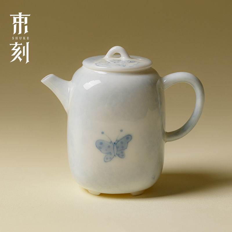 束刻白瓷手绘蝴蝶四方壶高颜值陶瓷功夫茶具泡茶壶单壶带球孔过滤