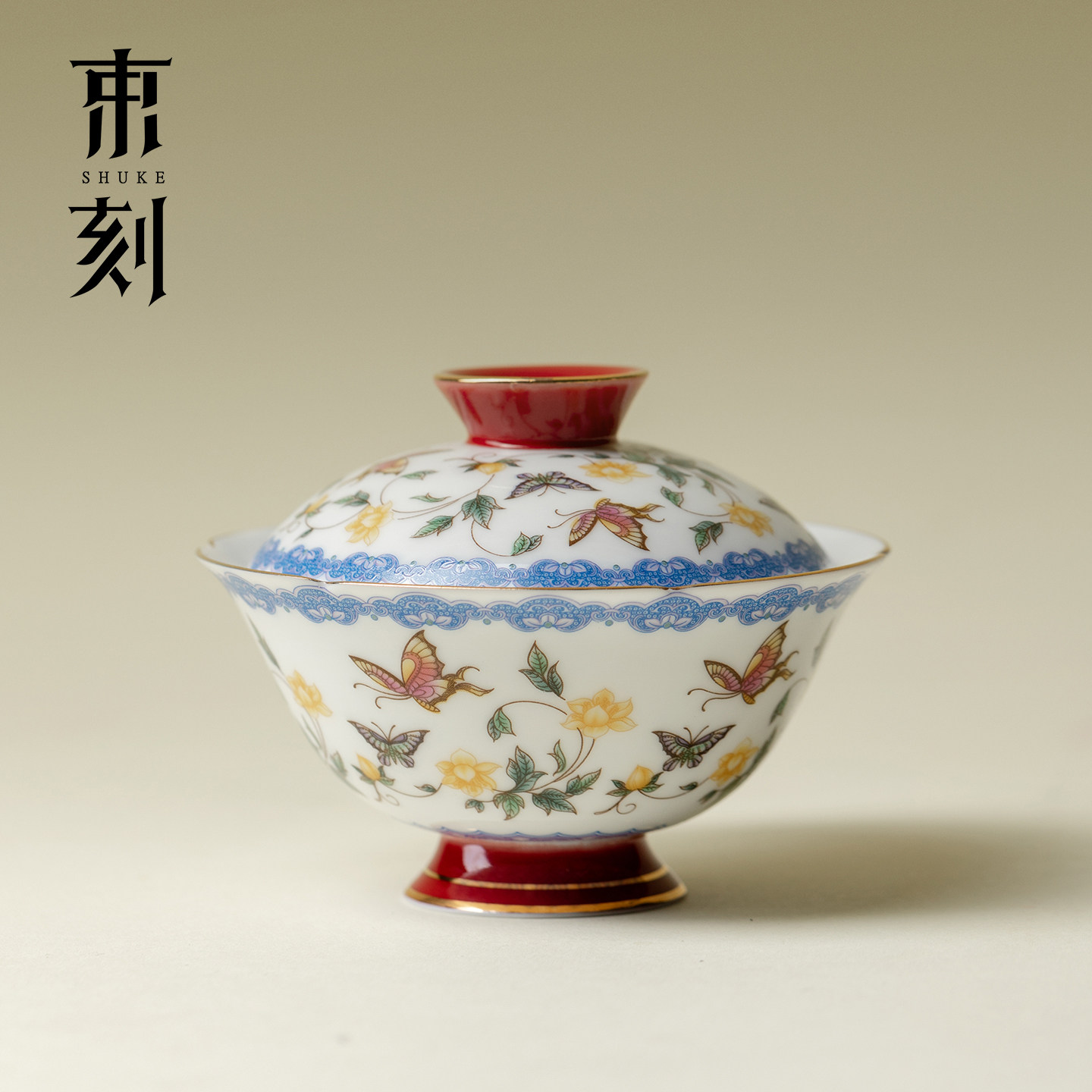 束刻金缘蝶绘高档描金二才盖碗创意手工薄胎泡茶碗家用喝茶碗单个