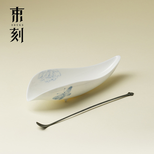 束刻 青花手绘蝶恋花茶则茶拨两件高端白瓷茶荷赏茶器投茶器配件