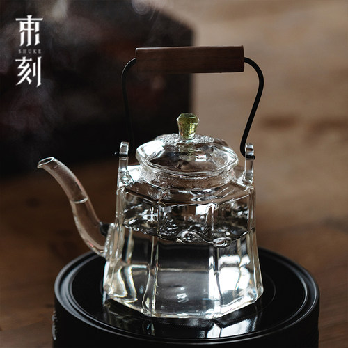 中式高硼硅玻璃胡桃木手把烧水壶