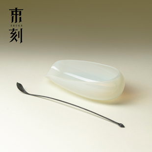 束刻高端冰玉玻璃茶则茶拨两件套高硼硅茶荷醒茶器家用投茶赏茶荷