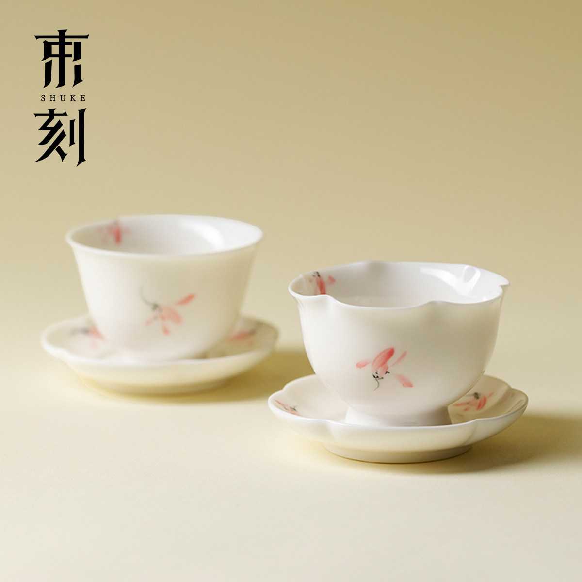 束刻 白瓷手绘兰花主人杯两件套陶瓷手绘小茶杯简约品茗杯闻香杯