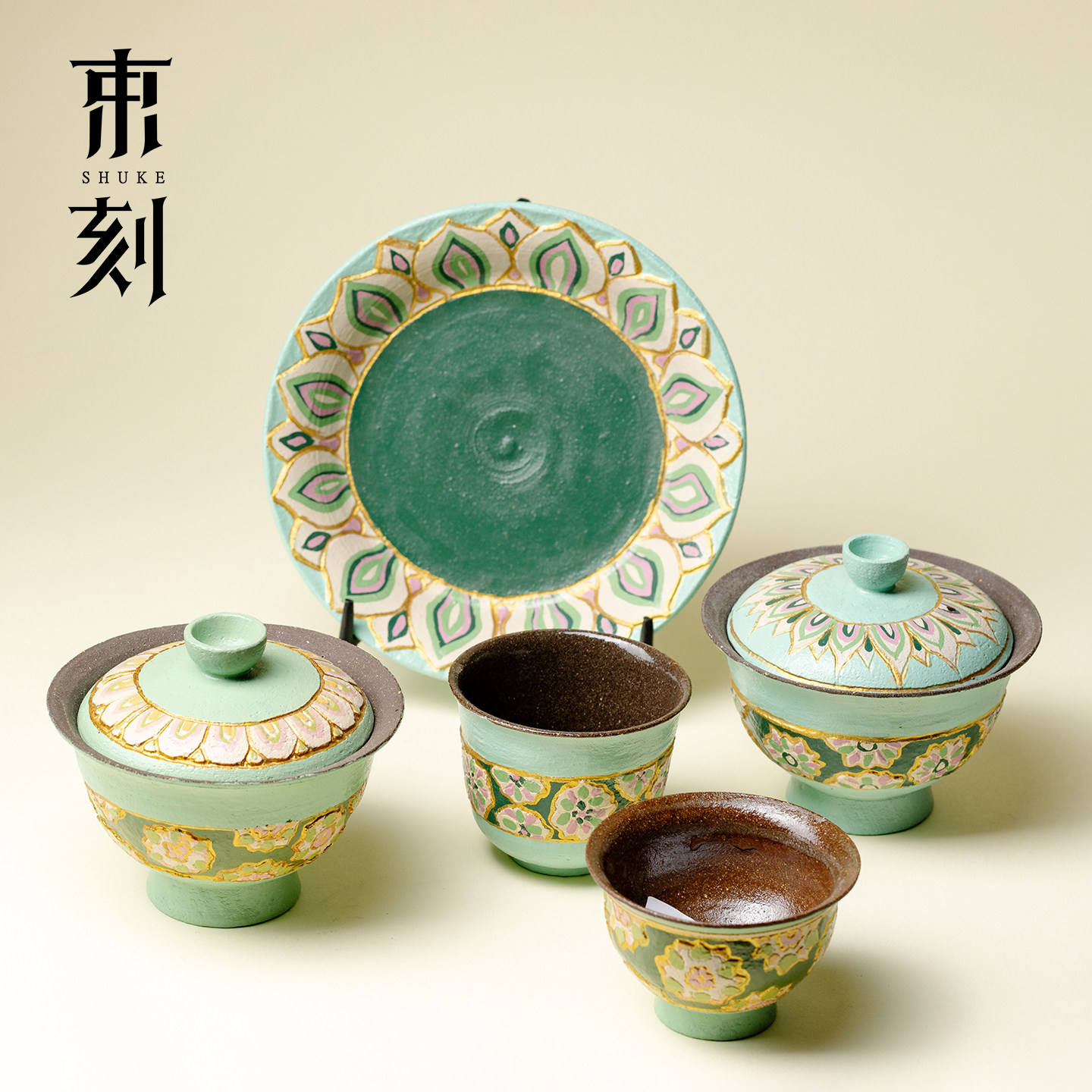 山几由 大漆莳绘宝相花功夫茶具景德镇创意中式手绘盖碗茶杯壶承