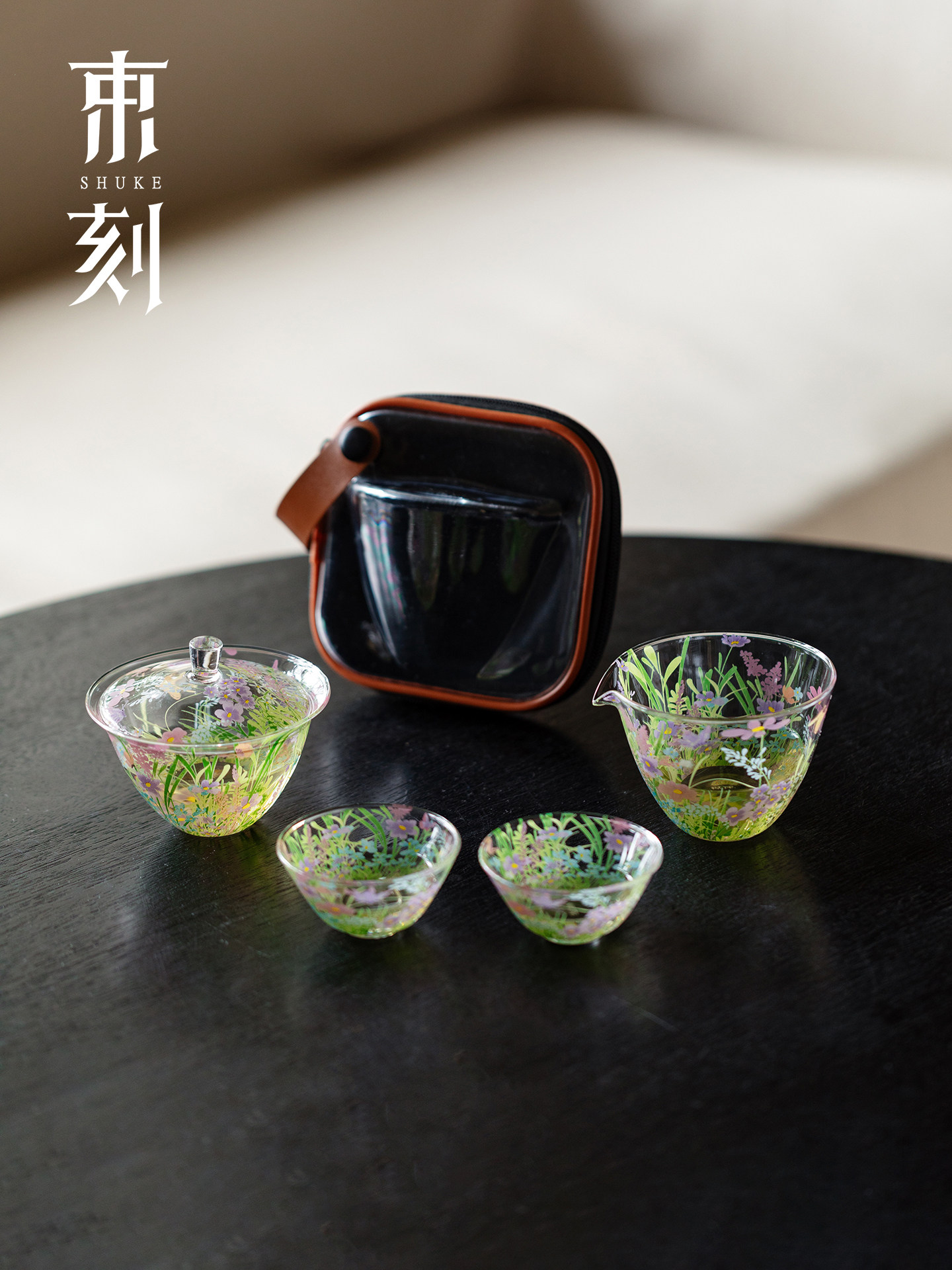 雕刻满花高硼硅玻璃旅行茶具，一壶两杯，快杯，露营式便携式泡茶