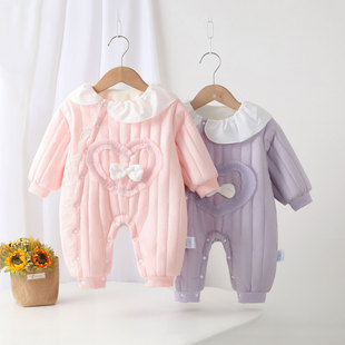 a类夹棉婴儿衣服女宝冬季薄棉哈衣小月龄宝宝连体衣秋冬棉衣爬服