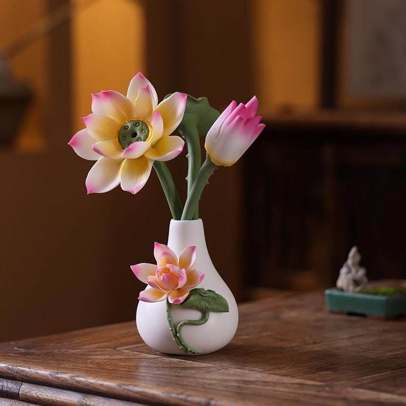 手工陶瓷小花瓶仿真荷花莲花家居装饰品创意插花供佛书房茶台摆件,家居饰品,花瓶,淘宝优惠券,粉丝福利购,淘宝优惠卷