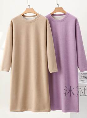 女士德绒睡裙秋冬睡衣中长版洋装发热中年大尺码连身家居服睡袍浴