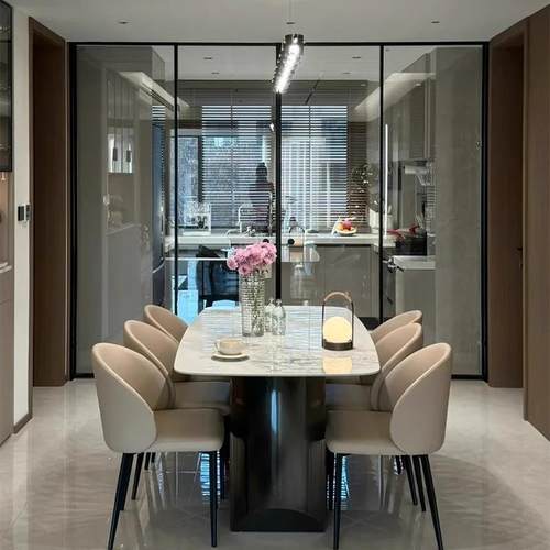 意式轻奢岩板餐桌现代简约高端亮光长方形不锈钢餐桌椅2024新款