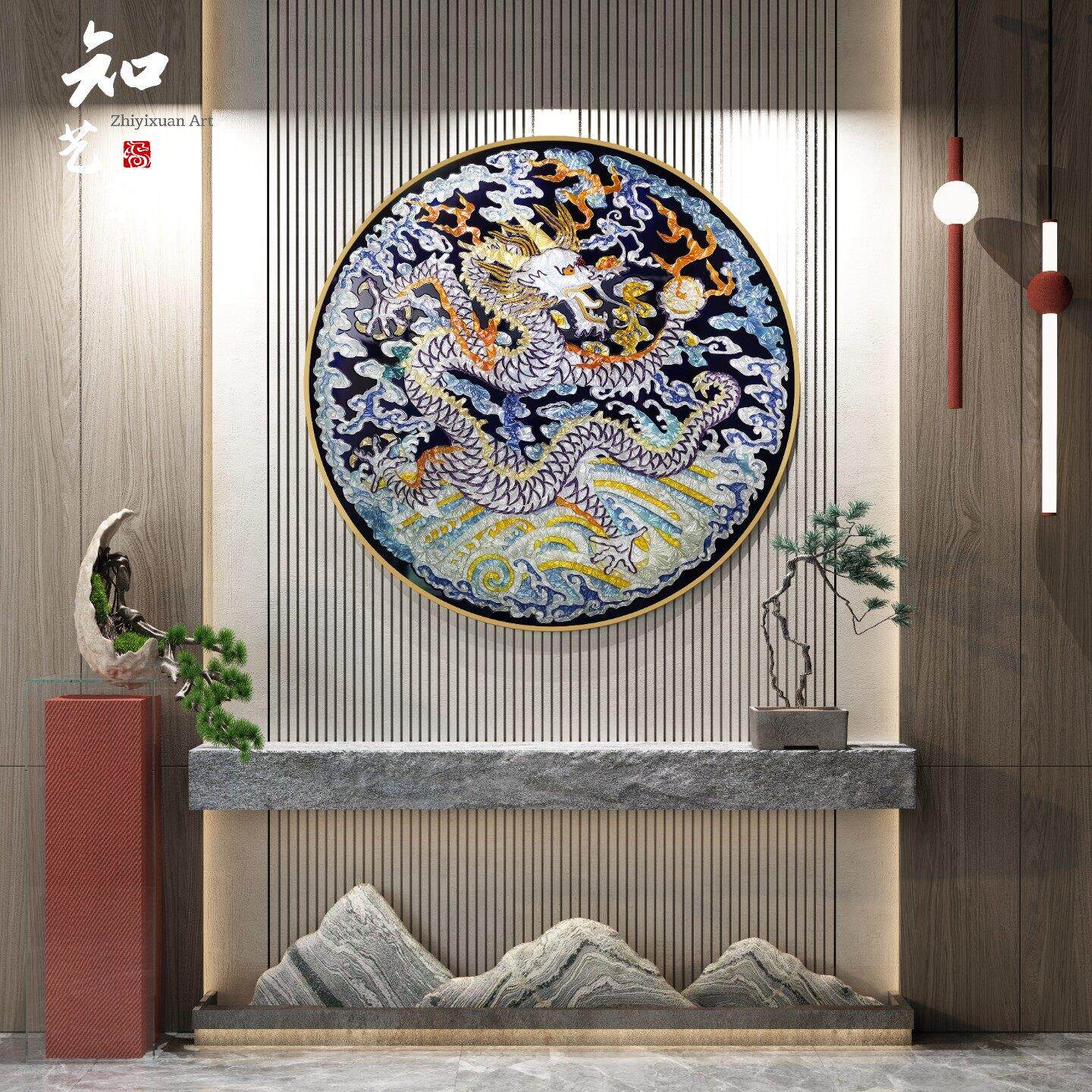 高档手绘珐琅彩装饰画玄关轻奢挂画客厅沙发背景墙立体圆形图腾龙