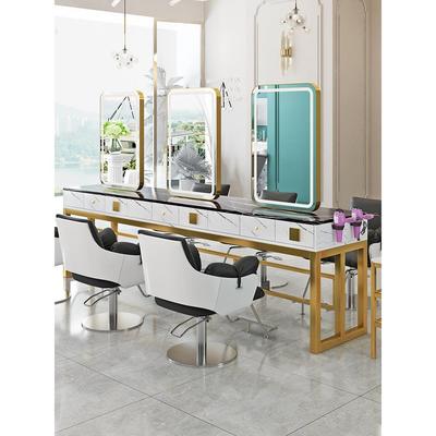 理发镜台美发店单面剪发镜柜子一体发廊专用大理石带灯双面烫染桌