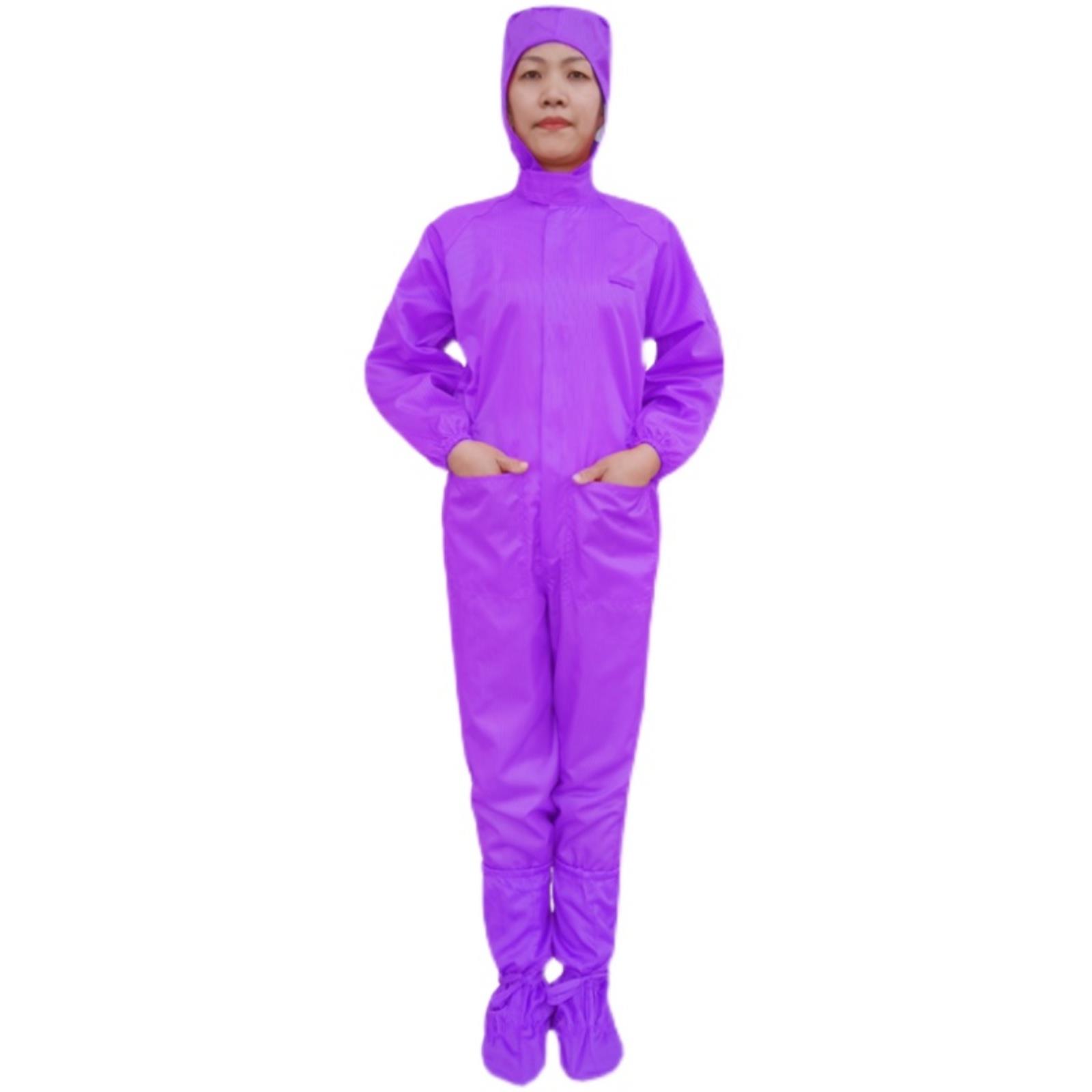采购产品男防静电工作服，紫色防静电大衣，女连体无尘衣服，带翻