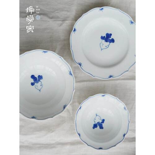 采购产品胡萝卜景德镇青花手绘陶瓷碗，盘子，盘子，家庭餐具组合