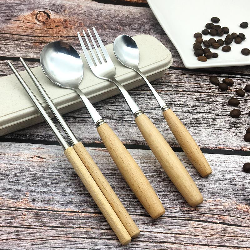 日式创意木柄筷子勺子套装成人学生便携长柄上班族餐具收纳三件套