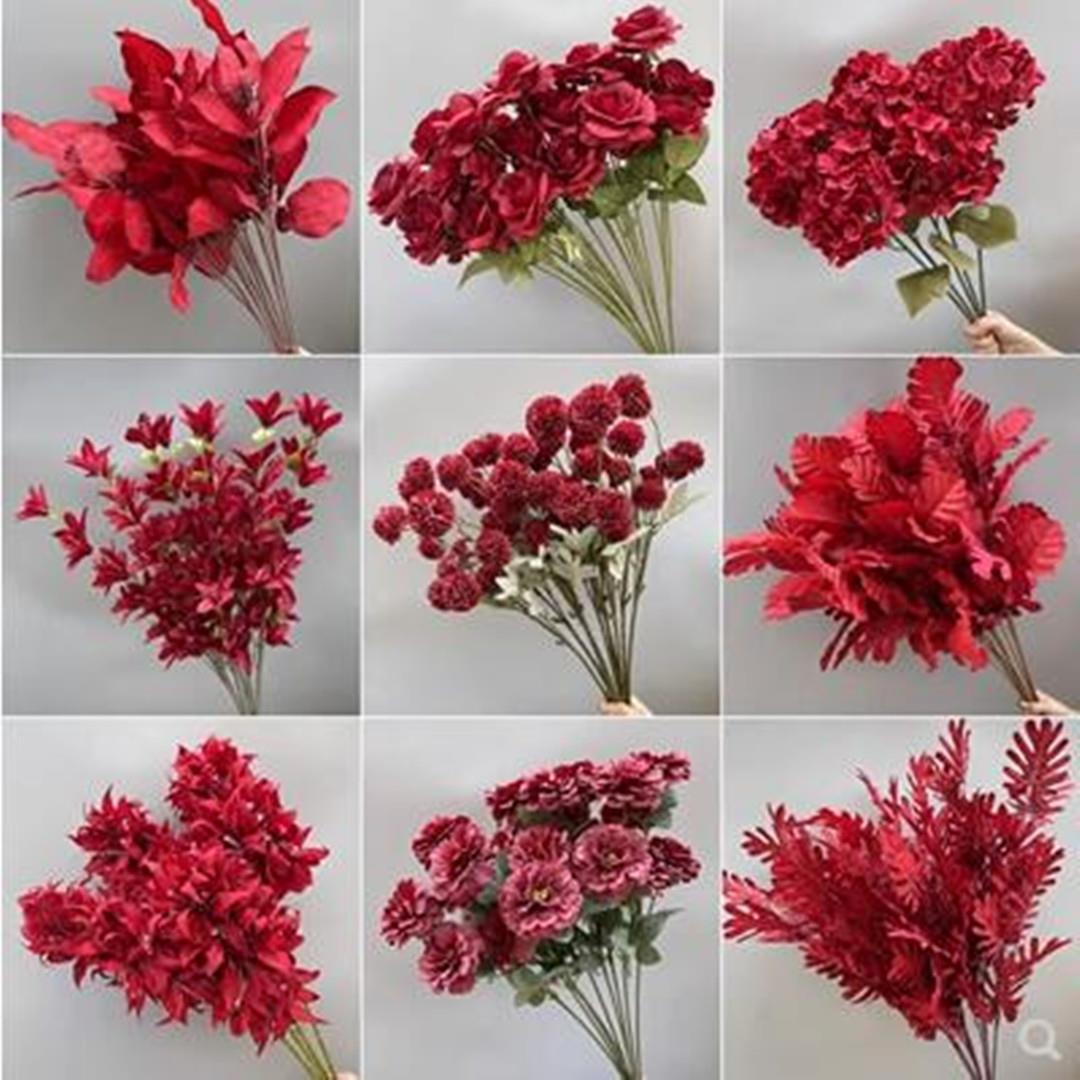 红色婚礼花卉婚礼背景装饰插花花材玫瑰桉树人造花室内客厅装饰