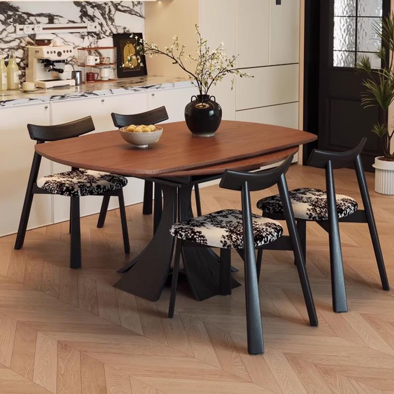 黑色复古折叠餐桌可变圆桌2025新款伸缩圆形法式中古风实木小户型