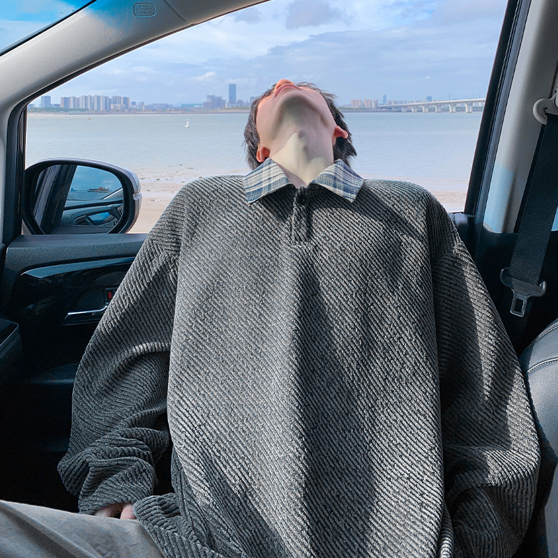 美式休闲小香风针织长袖T恤男秋季百搭雪尼尔打底拼接宽松外套QQ